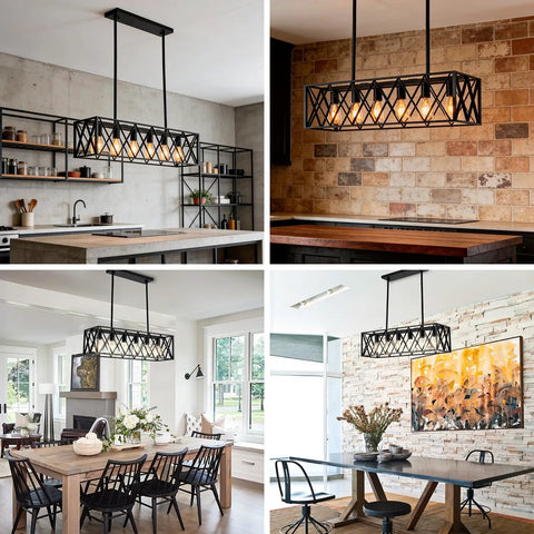 Farmhouse Style 6 Light Black Metal Industrial Pendant Lighting For Dining Room And Kitchen Island Vintage Rectangular Linear Chandelier