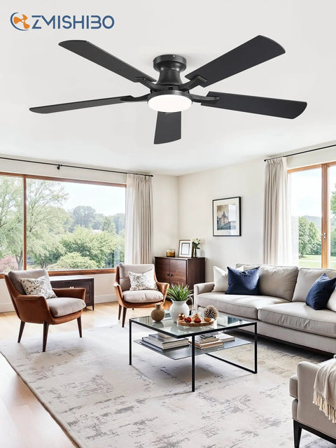 52 Inch Ceiling Fan With Light And Remote App Control Room Ready Low Profile Flush Mount Dimmable 20W LED Light in living room