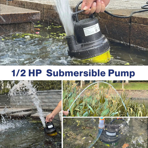 Workhorse Half Horsepower Submersible Water Pump With 2200GPH in use for pool and garden, Yellow