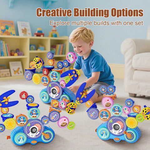 Child playing with Space Capsule STEM Gear Toy Set For Kids 3 Plus 18 Colorful Gears Dual Electric And Manual Modes
