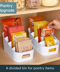 Smart 4 Tier Stairstep Packet Organizer With Divided Compartments For Kitchen Pantry And Counter, holding various packets in white bin.