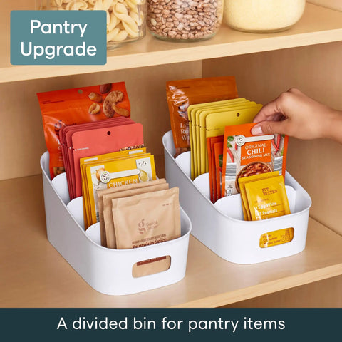 Smart 4 Tier Stairstep Packet Organizer With Divided Compartments For Kitchen Pantry And Counter, holding various packets in white bin.