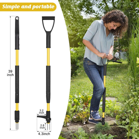 Stand Up Weed Puller Tool With Detachable 3-Claw Weeder, 39 Inch Ergonomic D-Handle, Heavy Duty Garden Hack For Dandelions And Thistles, No Bend Weeding, Easy To Use In Damp Soil, woman using it in garden