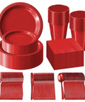 Kickback Ready Red Plastic Dinnerware Set Feeds Fifty Guests With Nine Inch Plates Seven Inch Snack Plates 12 Ounce Cups Utensils And Napkins, showcasing red plates, cups, and cutlery.