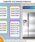 Samsung fridge compatibility chart next to a stainless steel refrigerator, highlighting models RS265TDRS, RS25H5111SR, and others.
