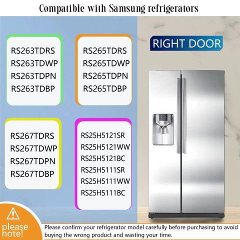 Samsung fridge compatibility chart next to a stainless steel refrigerator, highlighting models RS265TDRS, RS25H5111SR, and others.