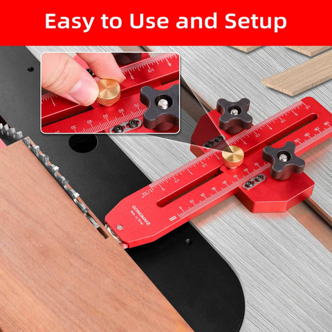Red Thin Rip Jig Table Saw Guide for Quick Repetitive Narrow Strip Cuts with Anti Kickback Safety on a table saw setup.