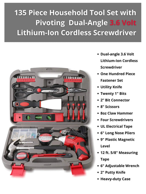 135 Piece Home Tool Set With Pivoting Dual Angle 3 6V Lithium Ion Cordless Screwdriver in a red hanging organizer case