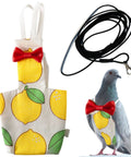 Bird Diaper Harness And Leash Set For Pets in lemon yellow cotton, elastic straps, Velcro fit, with pigeon wearing outfit.