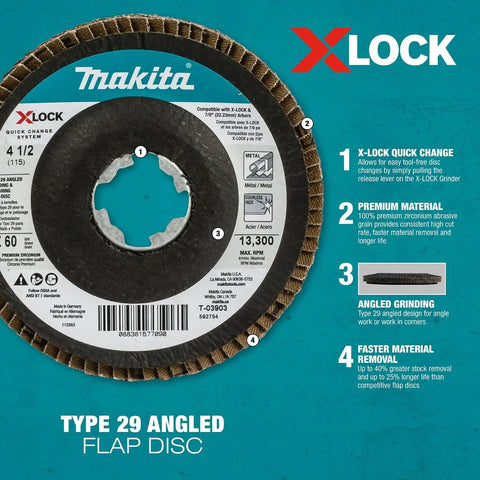X-Lock 4-1/2 Inch Flap Disc Set, 60 Grit Type 29 Angled Grinding And Polishing Discs, 7/8 Inch Arbor, 3 Pack product image