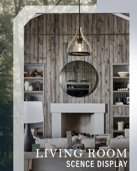 Farmhouse Walnut Wood Pendant Light With Black Glass Shade in rustic living room scene with wooden walls and fireplace.