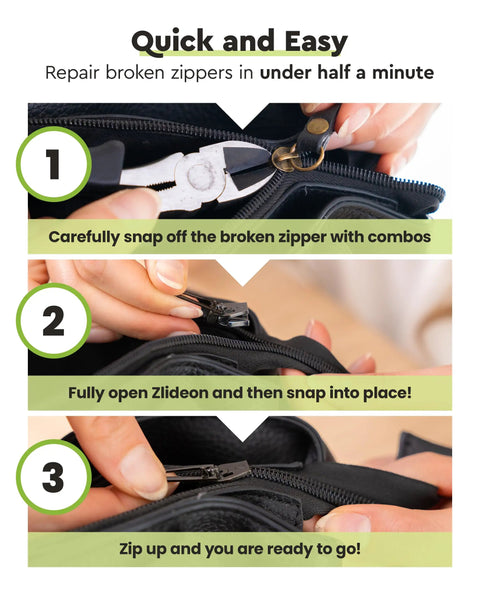 Steps showing how to use Two Pack Waterproof Zipper Repair Kit Replacement Slider For Outdoor Jackets Dry Bags Camping Gear And Tech Cases Easy To Install No Tools No Sewing Fast Fix In Under 30 Seconds Made In Germany.