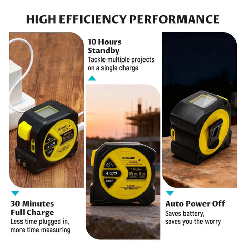 Go To Pro Grade Dual Mode Laser Tape Measure And Distance Meter With 164 Ft Laser Range And 16 Ft Manual Tape Red 0.49mW Class II Laser on desk