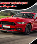 Red Ford Mustang GT on the road, highlighting performance and engine maintenance, emphasizing the need for good upkeep.
