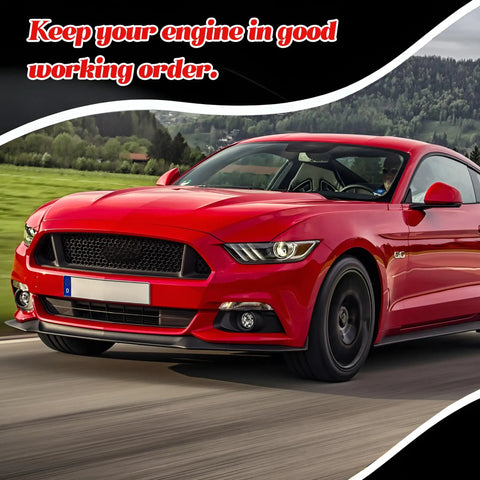 Red Ford Mustang GT on the road, highlighting performance and engine maintenance, emphasizing the need for good upkeep.