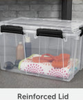 Built To Last Clear Storage Bins 54 Quart 2 Pack, Stackable Plastic Totes With Tight Lids, Gasket Sealed Waterproof Containers Keep Your Stuff Dry As A Bone For Cozy Bedding And Seasonal Gear, clear container with sandals and towels.