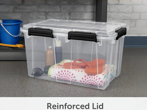 Built To Last Clear Storage Bins 54 Quart 2 Pack, Stackable Plastic Totes With Tight Lids, Gasket Sealed Waterproof Containers Keep Your Stuff Dry As A Bone For Cozy Bedding And Seasonal Gear, clear container with sandals and towels.