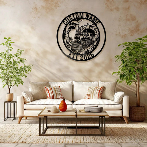 Custom Train Name Metal Wall Art With EST Year Vintage Steam Locomotive Sign For Train Lovers Farmhouse Style Wall Decor