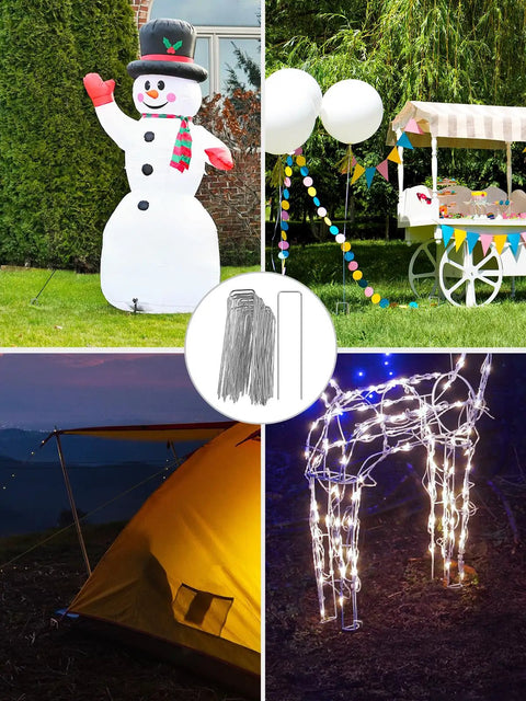 Heavy Duty 6 Inch U Shaped Landscape Staples Pack Of 50 For Weed Barrier Fabric And Landscape Fabric And Lawn Edging Galvanized Steel Ground Pins For Strong Hold In Garden And Yard in use securing decorations and lights in various settings.