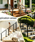 Rock Solid Heavy Duty Black Iron Handrail For Outdoor Steps And Porches Ready To Install shown on various stairs and porches.