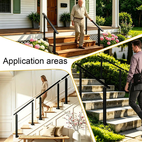 Rock Solid Heavy Duty Black Iron Handrail For Outdoor Steps And Porches Ready To Install shown on various stairs and porches.