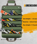 Heavy Duty Roll Up Tool Bag Portable Soft Tool Storage Foldable Organizer With Small Pockets Water Resistant PVC Coated Oxford For Mechanics Dads Home Garage Green displaying various tools in compartments