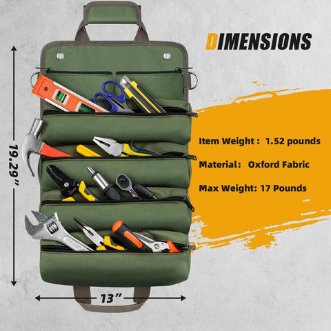 Heavy Duty Roll Up Tool Bag Portable Soft Tool Storage Foldable Organizer With Small Pockets Water Resistant PVC Coated Oxford For Mechanics Dads Home Garage Green displaying various tools in compartments