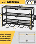 4 Layer Power Tool Organizer Wall Mount With Cordless Drill Hanger Storage Rack And Battery Tools Holder With Charging Station Shelf For Garage, Workshop, Pegboard, Shed 24 Inch 6 Slots in black metal with dimensions shown.