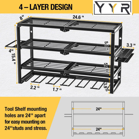 4 Layer Power Tool Organizer Wall Mount With Cordless Drill Hanger Storage Rack And Battery Tools Holder With Charging Station Shelf For Garage, Workshop, Pegboard, Shed 24 Inch 6 Slots in black metal with dimensions shown.