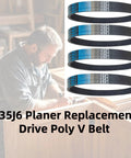 Four Pack 135J6 Poly V Drive Belt For Woodworking Planers displayed with carpenter working on wood projects.