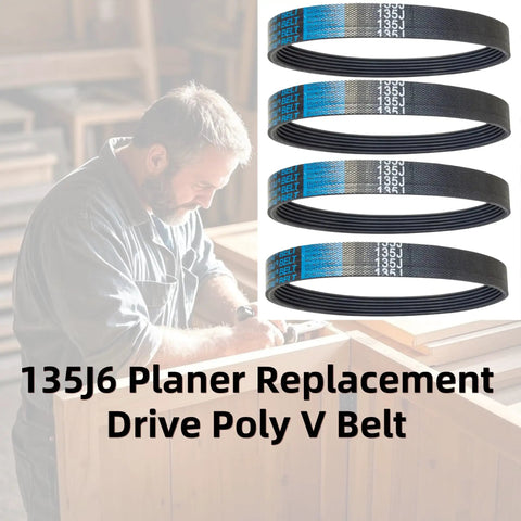 Four Pack 135J6 Poly V Drive Belt For Woodworking Planers displayed with carpenter working on wood projects.