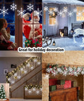 Snowflake Icicle Christmas Lights With 150 LED 9ft Run 10 Drops Twinkling Cool White Waterproof Connectable Up To 3 Sets displayed in festive indoor and outdoor settings.