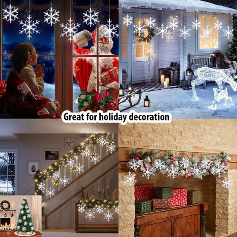 Snowflake Icicle Christmas Lights With 150 LED 9ft Run 10 Drops Twinkling Cool White Waterproof Connectable Up To 3 Sets displayed in festive indoor and outdoor settings.