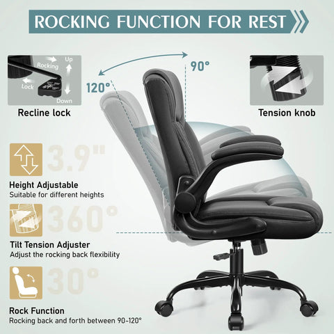 Leather Office Chair With PU Leather, Ergonomic Back Support, 360 Degree Swivel, Adjustable Armrests in profile view showing rocking function