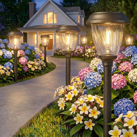 Solar Pathway Lights Outdoor Warm White 10 Or 25 Lumens Glass Solar Lights illuminating garden walkway at night