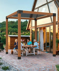 Outdoor patio with pergola supported by Beefy Heavy Duty 4 Piece 3 Way Corner Bracket Kit For 6x6 Posts Carbon Steel With Black Powder Coat