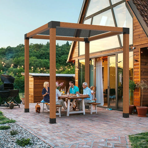 Outdoor patio with pergola supported by Beefy Heavy Duty 4 Piece 3 Way Corner Bracket Kit For 6x6 Posts Carbon Steel With Black Powder Coat