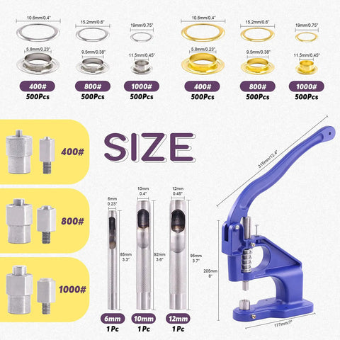 Heavy Duty Hand Press Eyelet Grommet Machine Kit with dies, 3000 pcs grommets in 6mm, 10mm, 12mm, size chart, rolling base