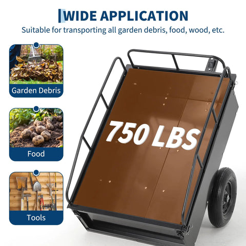 Beefy Dump Cart Pull Behind For Lawn Tractor With 750 Lb Capacity showcased for garden debris, food, tools use.