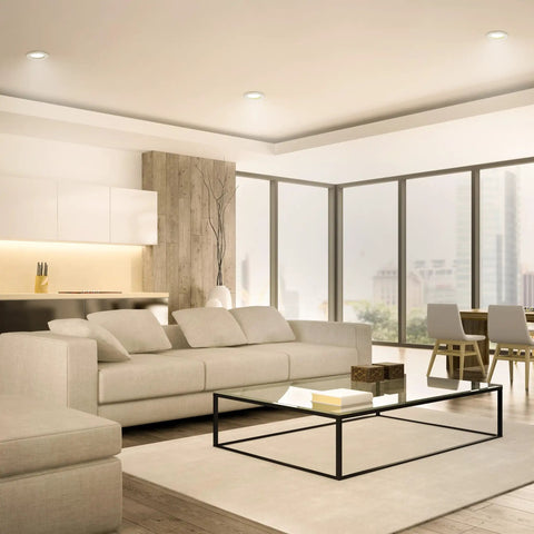 Modern living room with Easy Install Diy Friendly Dimmable LED Recessed Downlight Retrofit Kit fits most 5 to 6 inch housings