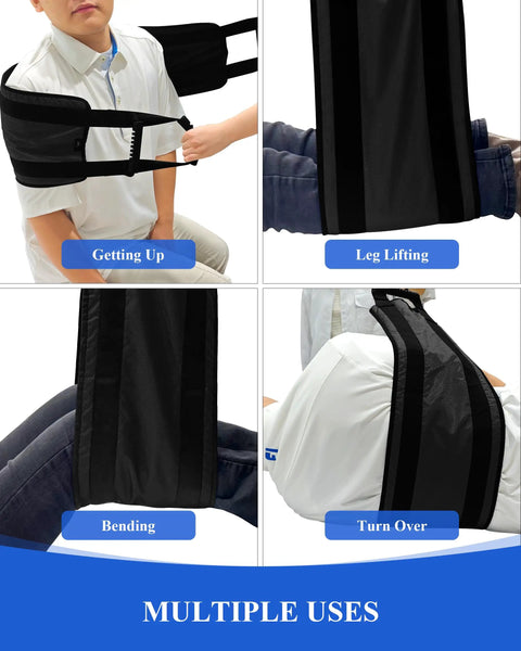 Transfer Sling and Gait Belt for Elderly and Disabled with Dual Grab Handles in use for safe mobility, black.