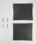 W10905734 Range Hood Charcoal Filter Kit Replacement For Kitchen Vent Fans, two charcoal filters with mounting clips on tiled surface.