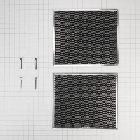 W10905734 Range Hood Charcoal Filter Kit Replacement For Kitchen Vent Fans, two charcoal filters with mounting clips on tiled surface.