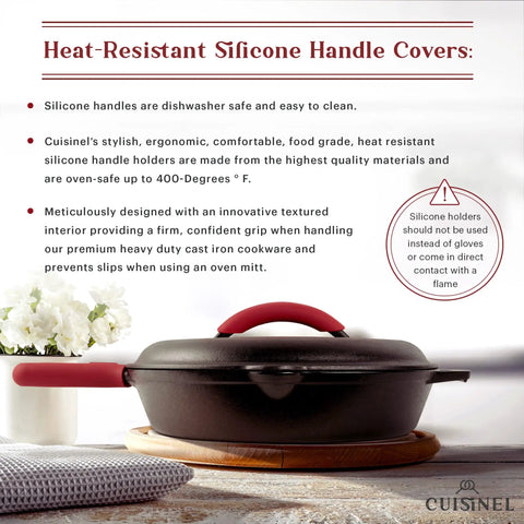 12 Inch Cast Iron Skillet With Lid, A Go-To Indoor Outdoor Frying Pan Set, Pre Seasoned, With Silicone Handle, Lid Holders depicted