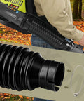 Leaf Blower Flex Tube Bellows Replacement 580693004 for Ryobi BP42, shown on a backpack blower in use outdoors