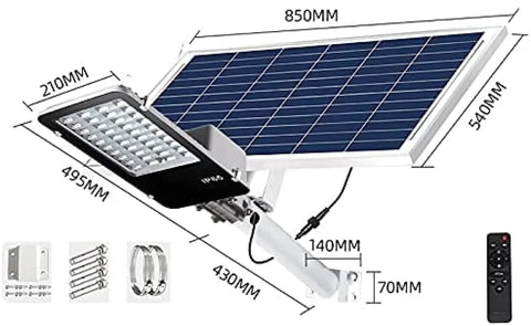 Badass Bright Outdoor Solar Wall Light Featuring Dusk To Dawn Detection with IP65 weatherproof housing, dimensions and remote included.