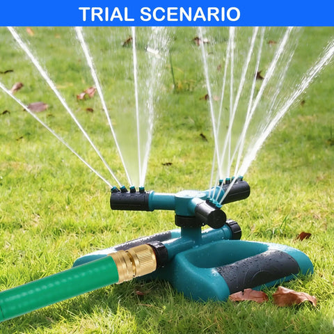 Sprinkler with solid brass garden hose quick connectors kit in use on lawn, water spraying