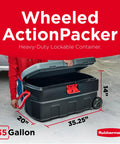 Person opening ActionPacker 35 Gallon Lockable Storage Bin with Wheels, dimensions labeled, ideal for rugged outdoor use.
