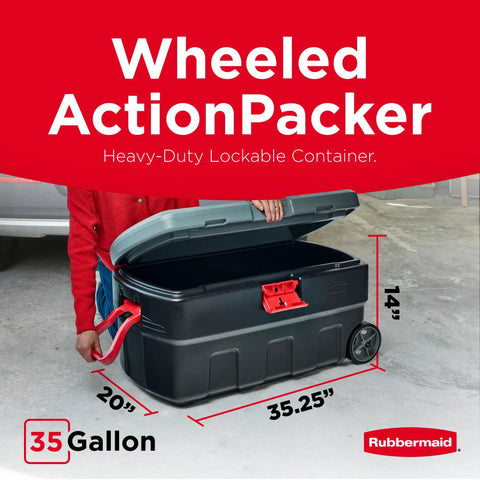 Person opening ActionPacker 35 Gallon Lockable Storage Bin with Wheels, dimensions labeled, ideal for rugged outdoor use.