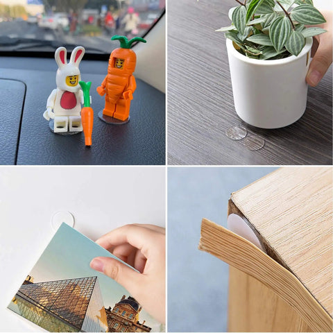 Clear 20mm Round Sticky Dots 560 Count Double Sided Adhesive Dots Reusable Water Resistant No Residue Transparent Craft And Office Fasteners For Photos Posters And Boards Great For Quick Easy Mounts And Sticky Like A Boss: clear dots holding photos, plant pot, and small figures